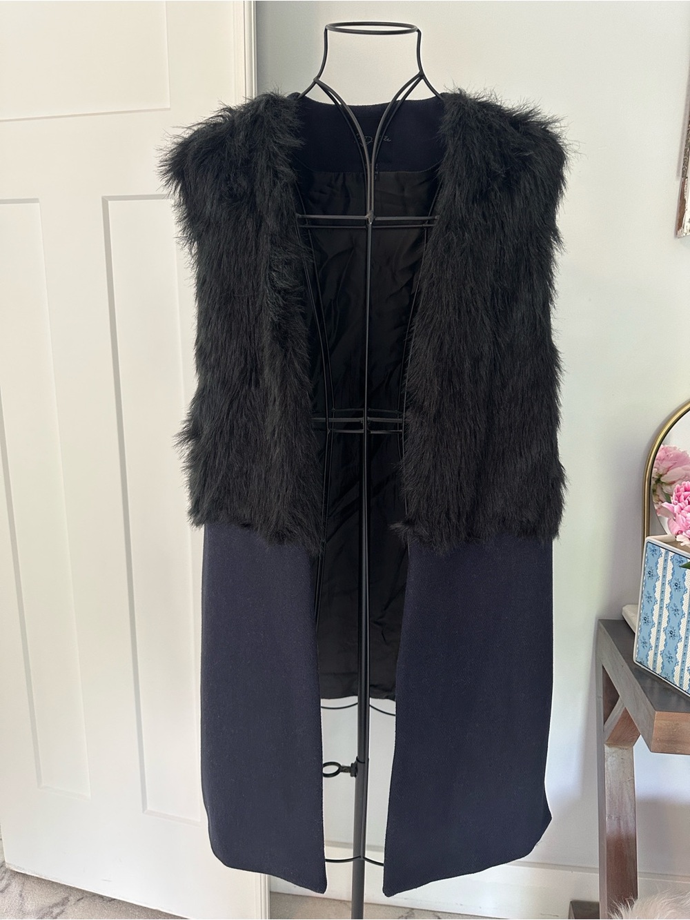 RD Style Black Faux Fur Wool Vest with Navy Skirted Panel